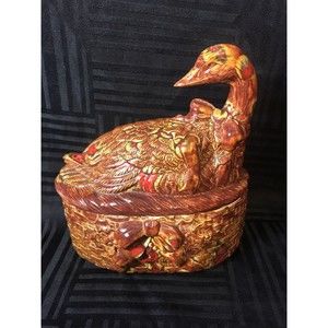 Vintage lidded Duck ceramic dish reddish brown